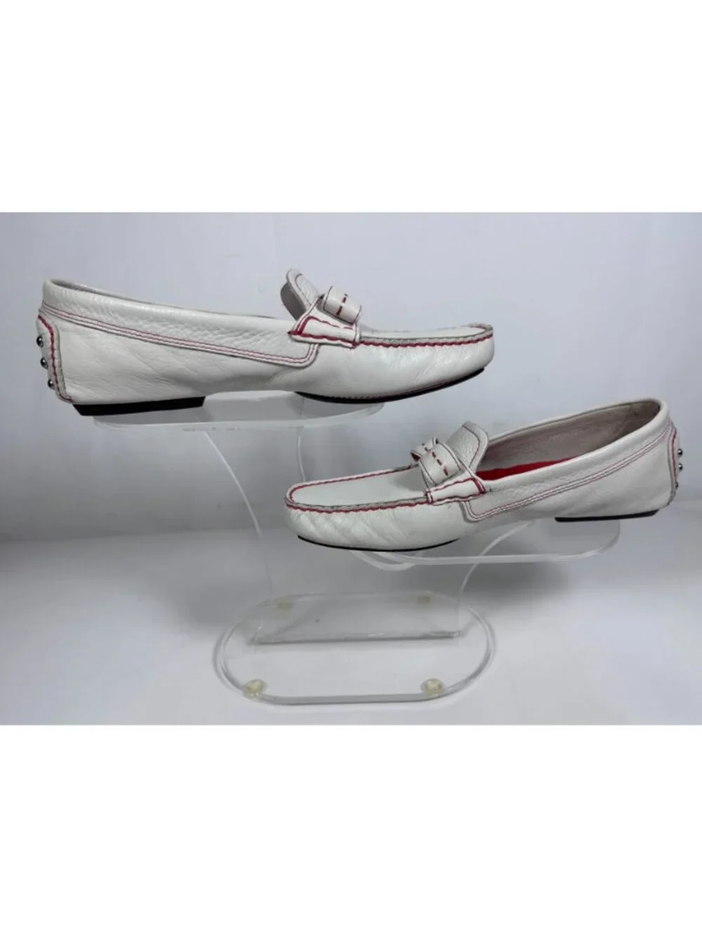 Cole Haan Women White Leather Driving Loafers Shoes Red Stitch Bow Size 8.5 B
